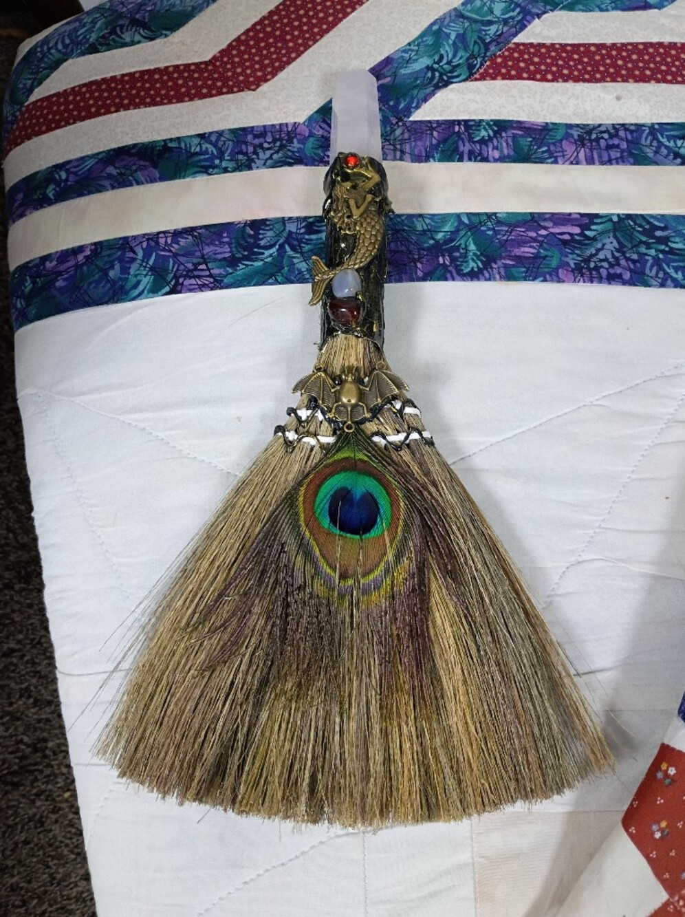 Handheld Peacock Feather Fan in Green and Blue
